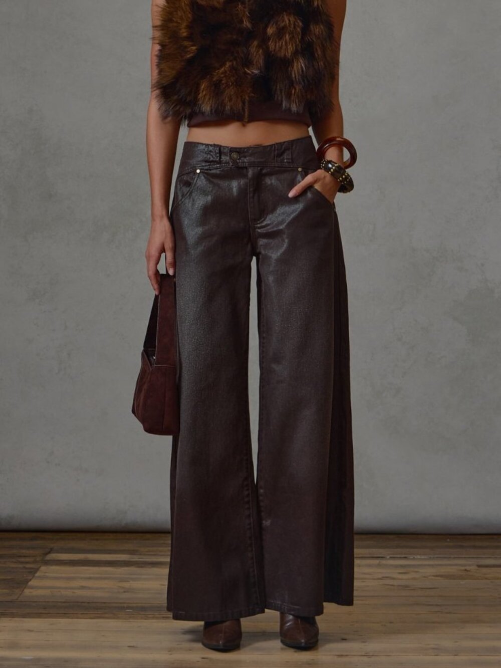 Brown Casual Women's Loose Low Rise Mom Fit Baggy Wide Leg Long Jeans